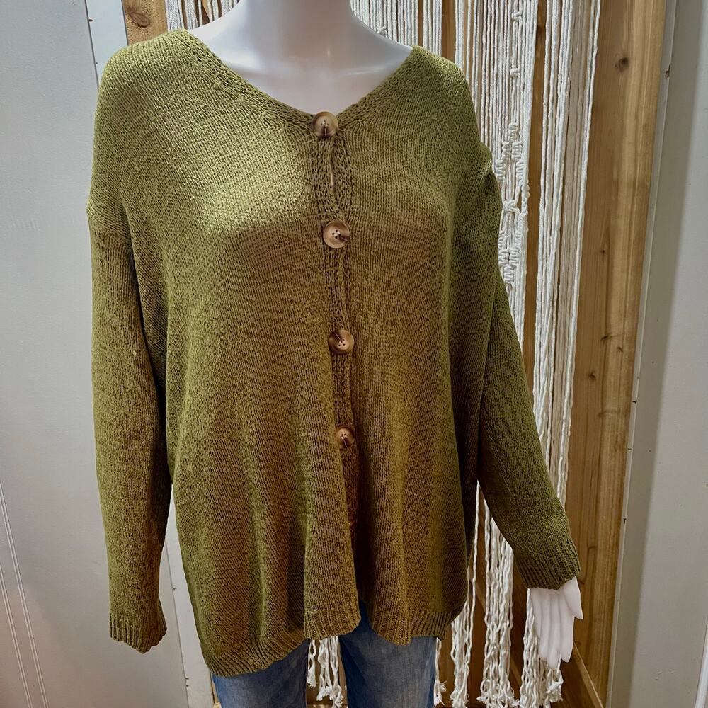 Bibi Cozy Green Lime Oversized Button Front V-Neck Knit Cardigan Sweater XL NWT